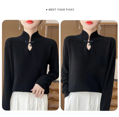 سترة نسائية جديدة محبوكة من الصوف على الطراز الصيني لفصل الخريف والشتاء بياقة واقفة ومزاجية أنيقة ZD-3012