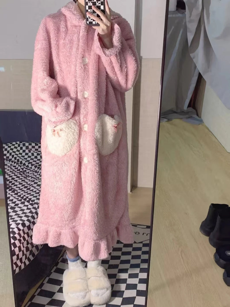 رداء بيجامات شتوي 2025 الأكثر مبيعًا، رداء نوم وردي طويل الأذن، ملابس منزلية مريحة وناعمة، رداء حمام، حفلة بيجامات