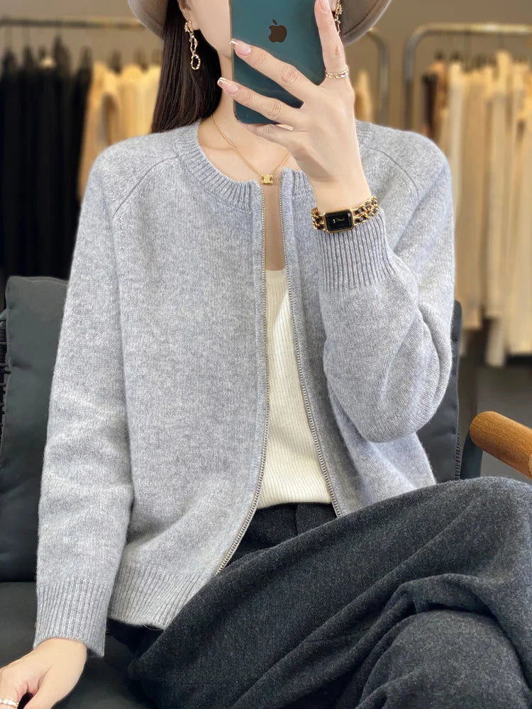 سترة MEELEX كاجوال خريفية شتوية ناعمة ودافئة للنساء من صوف ميرينو 100% محبوكة برقبة دائرية وسحاب وبلوزة سترة صوفية جديدة للنساء