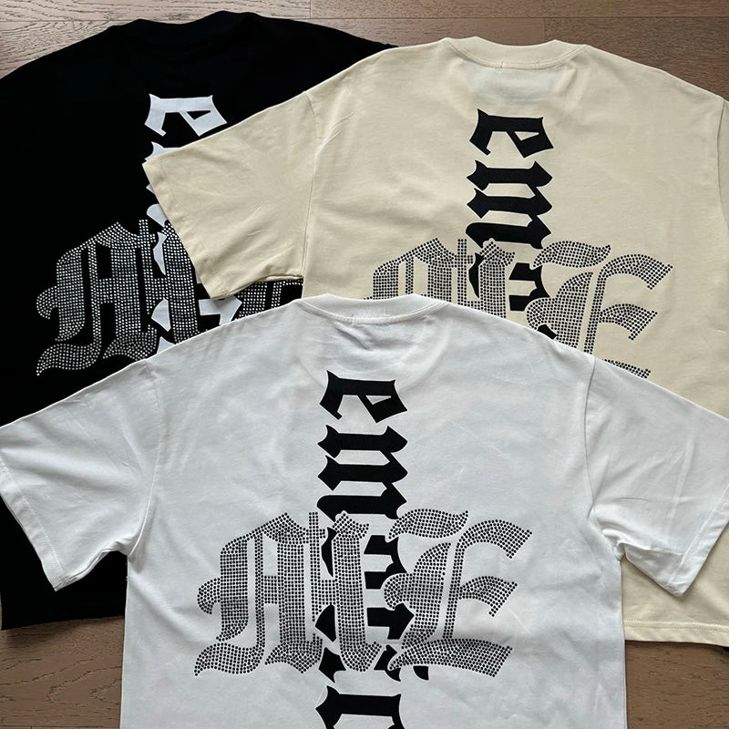 تي شيرت رجالي ونسائي فضفاض كاجوال برقبة دائرية وأكمام قصيرة، مطبوع عليه ملاك من High Street Fashion Hot Drill Streetwear MIXED EMOTION