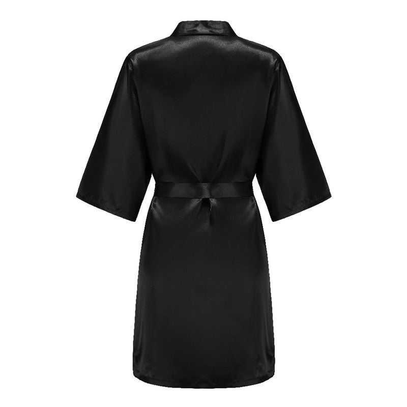 رداء نسائي أسود من الساتان الحريري لحفلات الزفاف وحفلات الزفاف ووصيفات العروس وأرواب كيمونو وملابس نوم