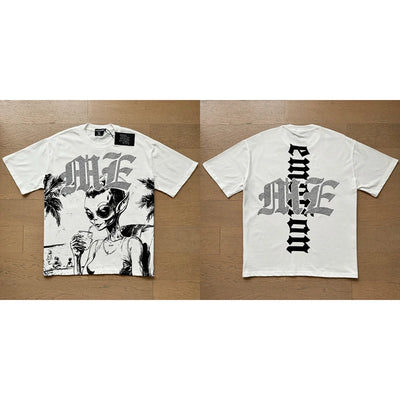 تي شيرت رجالي ونسائي فضفاض كاجوال برقبة دائرية وأكمام قصيرة، مطبوع عليه ملاك من High Street Fashion Hot Drill Streetwear MIXED EMOTION