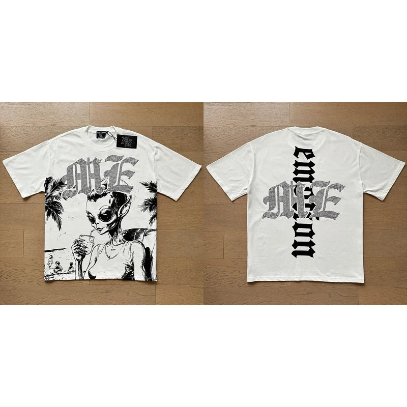 تي شيرت رجالي ونسائي فضفاض كاجوال برقبة دائرية وأكمام قصيرة، مطبوع عليه ملاك من High Street Fashion Hot Drill Streetwear MIXED EMOTION