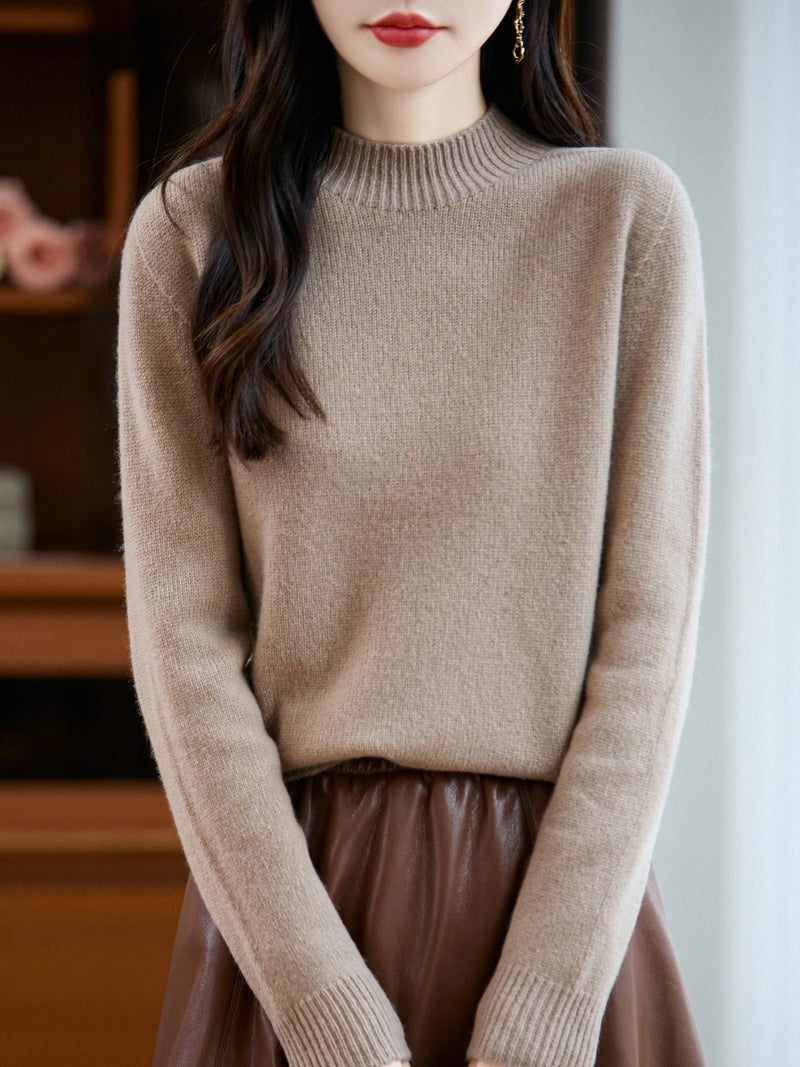 سترة نسائية أساسية للخريف والشتاء أنيقة سميكة من صوف ميرينو 100% محبوكة برقبة وهمية وملابس بأكمام طويلة