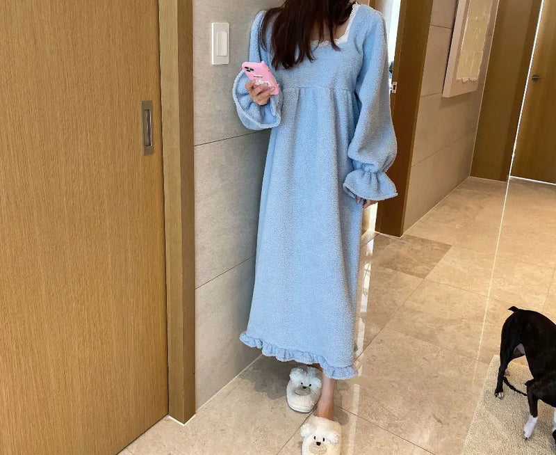 قميص نوم شتوي بأكمام طويلة من الفلانيل للنساء، ملابس نوم فضفاضة سادة، ملابس نوم سميكة ودافئة، ملابس نوم منزلية مريحة