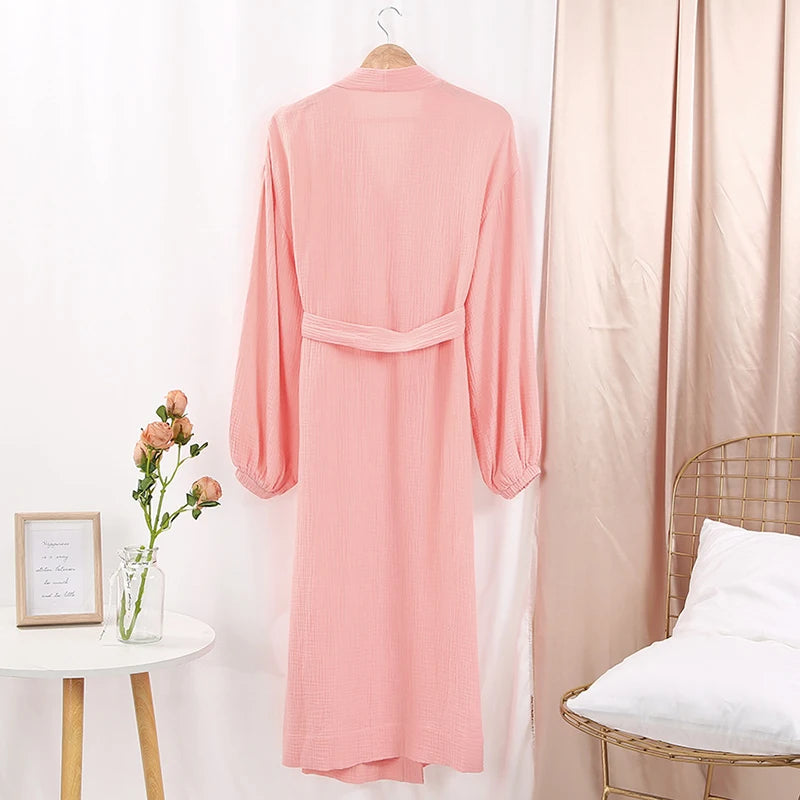أردية حمام نسائية طويلة من قماش الموسلين 100% قطن، شاش، بأكمام طويلة، كاجوال فضفاضة، قابلة للتنفس، ضمادة صلبة، ملابس نوم ماكسي