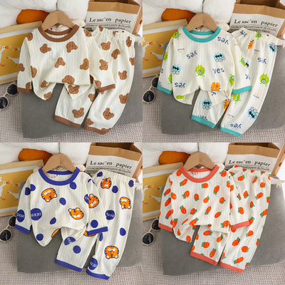 طقم بيجامات صيفي لطيف ومريح للأطفال بأكمام طويلة وملابس نوم قطنية وغرف مكيفة