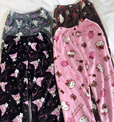 بنطلون بيجامة من الفلانيل من Hello Kitty Kuromi، أنمي، كرتون، Sanrio، بنطلون منزلي، ملابس نوم منزلية للزوجين، بنطلون، ملابس منزلية ترفيهية