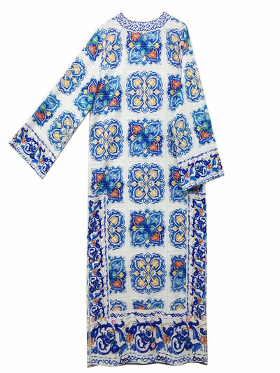 فستان سهرة بوهيمي للشاطئ، مطبوع باللونين الأزرق والأبيض، مناسب للعطلات الصيفية، بأكمام طويلة، مناسب لحفلات التخرج، فستان صيفي بوهيمي، مناسب للسباحة في الشمس