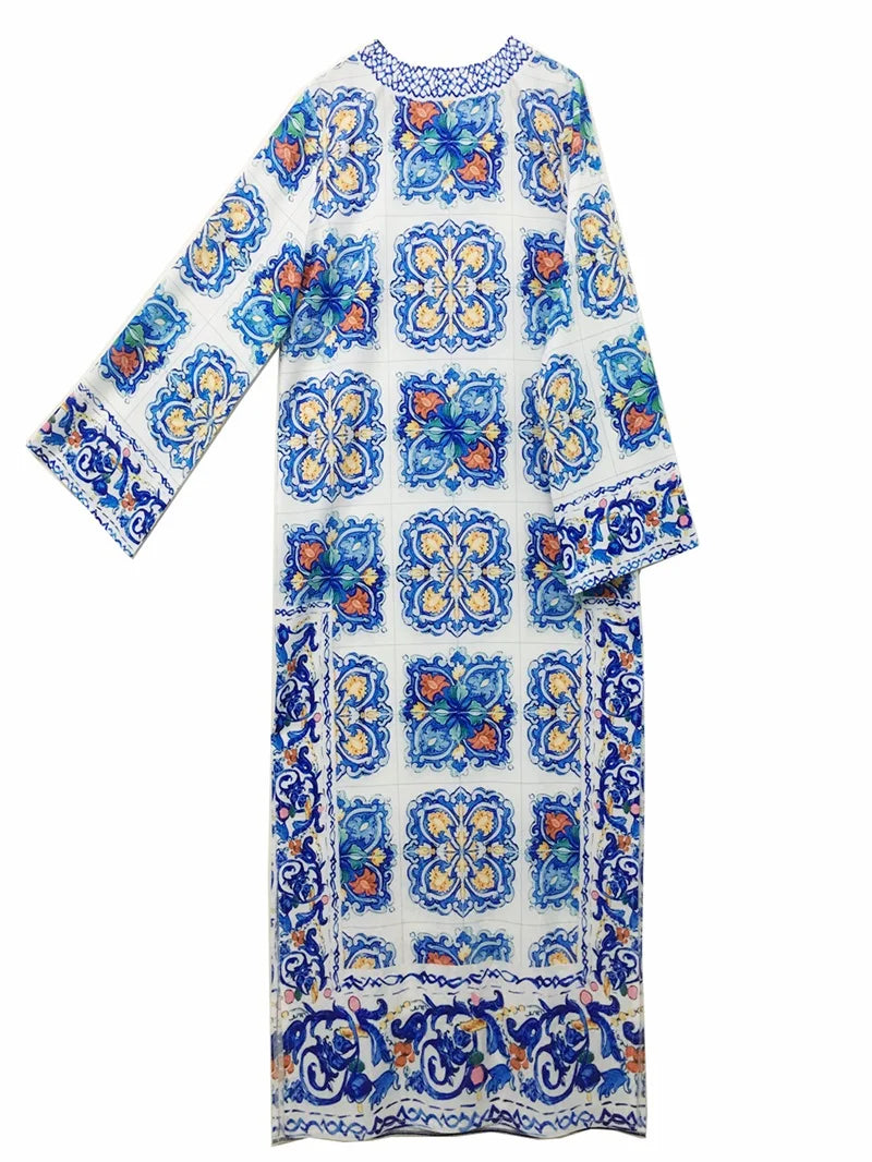 فستان سهرة بوهيمي للشاطئ، مطبوع باللونين الأزرق والأبيض، مناسب للعطلات الصيفية، بأكمام طويلة، مناسب لحفلات التخرج، فستان صيفي بوهيمي، مناسب للسباحة في الشمس