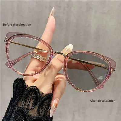 نظارات قصر النظر العصرية ذات التصميم المعدني على شكل عين القطة، غير عاكسة للضوء، متغيرة اللون، مضادة لقصر النظر، 038
