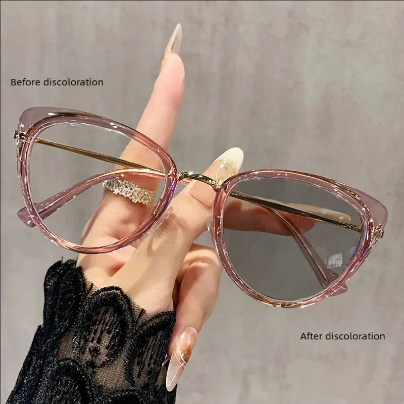 نظارات قصر النظر العصرية ذات التصميم المعدني على شكل عين القطة، غير عاكسة للضوء، متغيرة اللون، مضادة لقصر النظر، 038