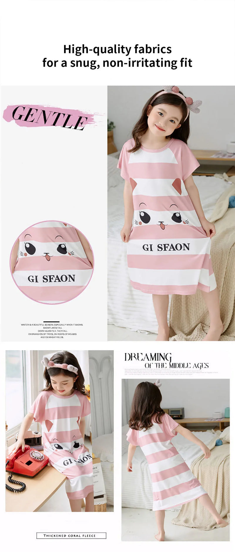 Summer Sleepwear for Girls Short-Sleeve Cartoon Unicorn Dino Nightgown Children Sleeping Clothes for Little Kids Bedtime Dress