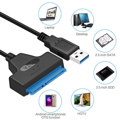كابل SATA إلى USB 3.0 / 2.0 بسرعة تصل إلى 6 جيجابت في الثانية لمحركات الأقراص الصلبة الخارجية SSD مقاس 2.5 بوصة، محول SATA 3 22 دبوسًا، كابل USB 3.0 إلى Sata III
