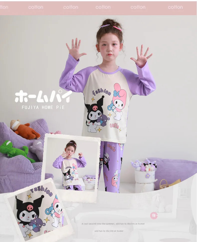 بيجامات أطفال من سانريو كورومي ماي ميلودي كاواي بوشاكو سينامورول قطن خالص بأكمام طويلة طقم ملابس نوم منزلي للأطفال برسومات كرتونية