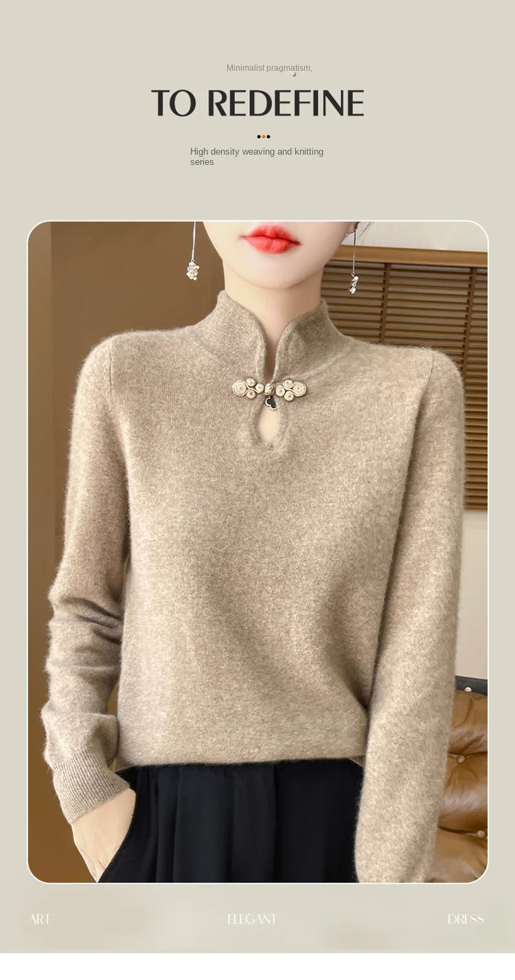 سترة نسائية جديدة محبوكة من الصوف على الطراز الصيني لفصل الخريف والشتاء بياقة واقفة ومزاجية أنيقة ZD-3012