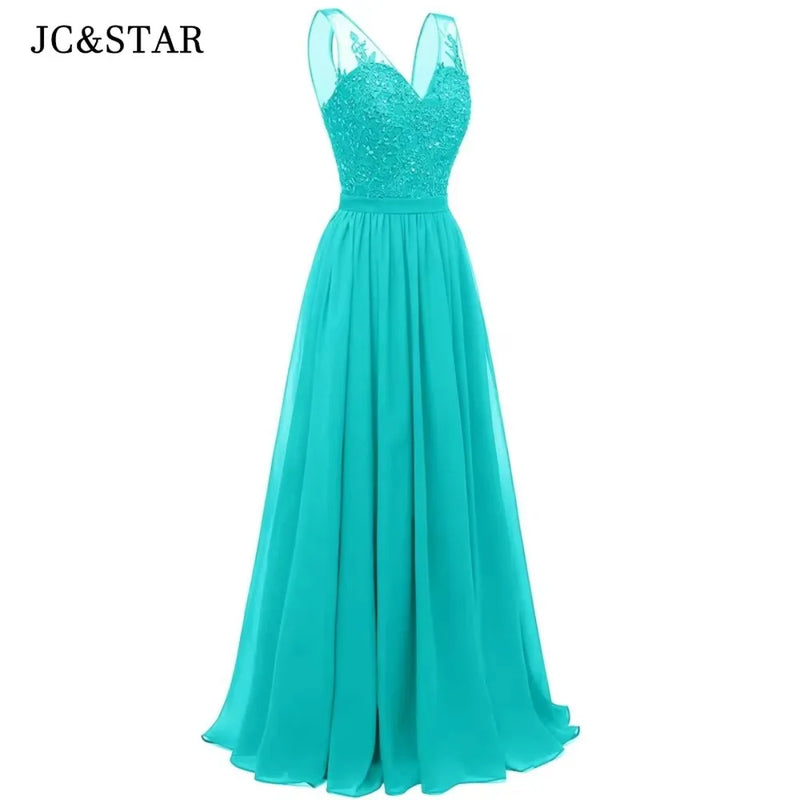 فساتين وصيفات العروس من الشيفون باللون الفيروزي بفتحة على شكل حرف V، طويلة من الدانتيل، مطرزة بالخرز، فساتين سهرة رسمية، توصيل مجاني، ضيف، حفل زفاف