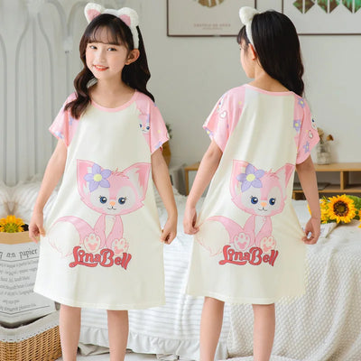 ملابس منزلية للأطفال من MINISO فستان نوم صيفي بأكمام قصيرة من Disney Hello Kitty Cat، بيجامات للبنات الصغار، ثوب نوم، ملابس نوم