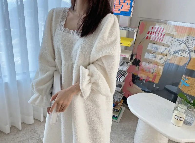 قميص نوم شتوي بأكمام طويلة من الفلانيل للنساء، ملابس نوم فضفاضة سادة، ملابس نوم سميكة ودافئة، ملابس نوم منزلية مريحة