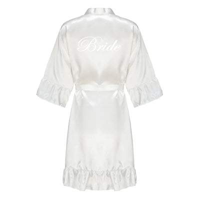 رداء زفاف العروس ووصيفة العروس للنساء هدايا حفلات الزفاف فستان الفريق ثوب حرير ساتان ملابس نوم كيمونو مع كشكشة حرف أبيض