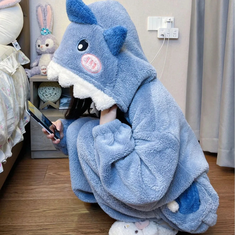 ملابس نوم نسائية بغطاء للرأس بتصميم سمكة قرش لطيفة كرتونية من Kigurumi Unicorn ملابس تنكرية شتوية بيجاما ملابس نوم نسائية لحفلات الكريسماس