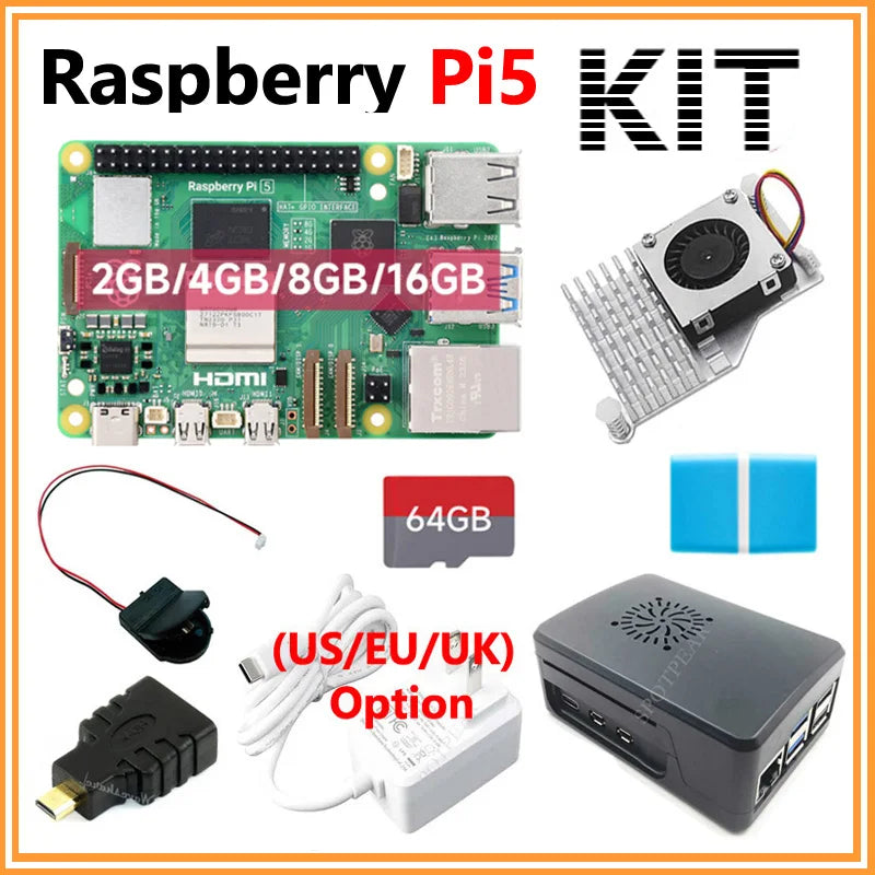 Raspberry Pi 5 16GB /8GB/4GB/2GB RAM Option Pi5 8GB KIt PD Power Supply / RTC / 64GB Card / Heatsink Fan / Card Reader