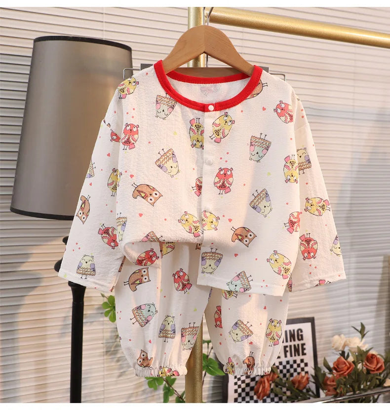 ملابس نوم جديدة للأطفال برسومات كرتونية لطيفة، قطعتين، بيجامات منزلية رقيقة للربيع والصيف للأولاد والبنات، ملابس مكيفة