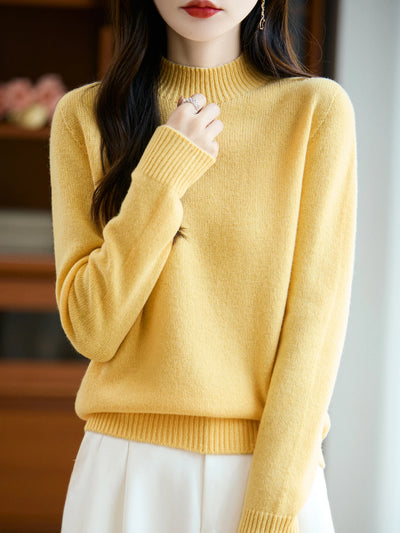 سترة نسائية أساسية للخريف والشتاء أنيقة سميكة من صوف ميرينو 100% محبوكة برقبة وهمية وملابس بأكمام طويلة