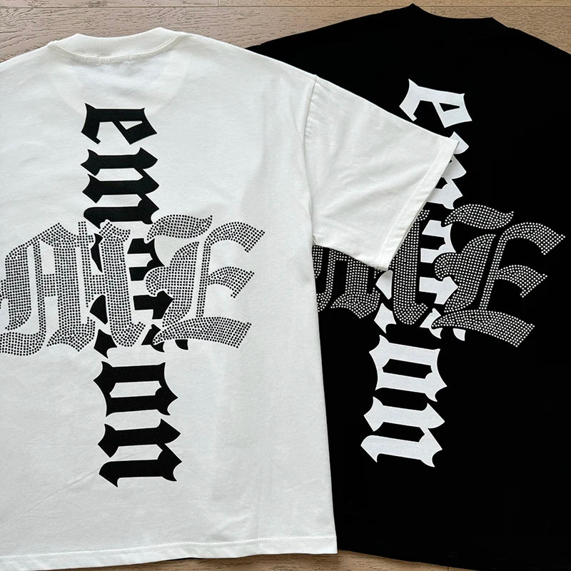 تي شيرت رجالي ونسائي فضفاض كاجوال برقبة دائرية وأكمام قصيرة، مطبوع عليه ملاك من High Street Fashion Hot Drill Streetwear MIXED EMOTION