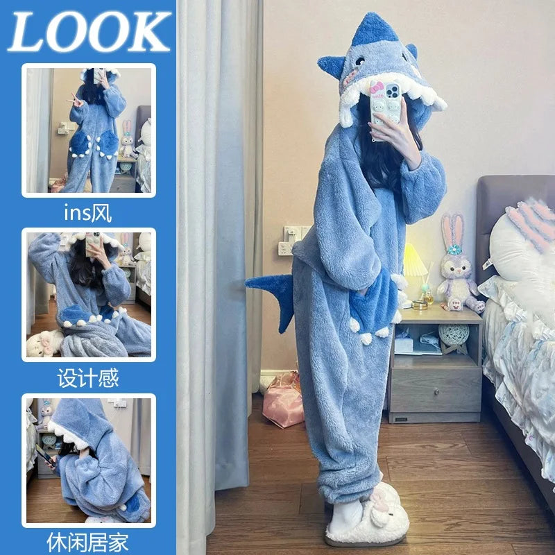 ملابس نوم نسائية بغطاء للرأس بتصميم سمكة قرش لطيفة كرتونية من Kigurumi Unicorn ملابس تنكرية شتوية بيجاما ملابس نوم نسائية لحفلات الكريسماس