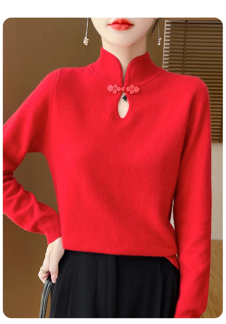 سترة نسائية جديدة محبوكة من الصوف على الطراز الصيني لفصل الخريف والشتاء بياقة واقفة ومزاجية أنيقة ZD-3012