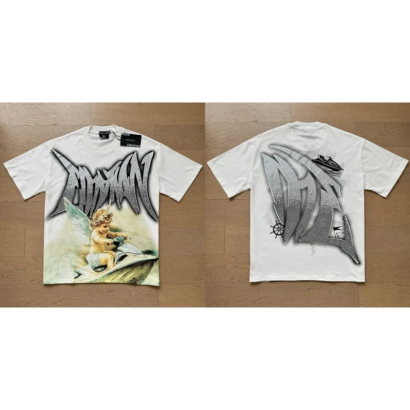 تي شيرت رجالي ونسائي فضفاض كاجوال برقبة دائرية وأكمام قصيرة، مطبوع عليه ملاك من High Street Fashion Hot Drill Streetwear MIXED EMOTION