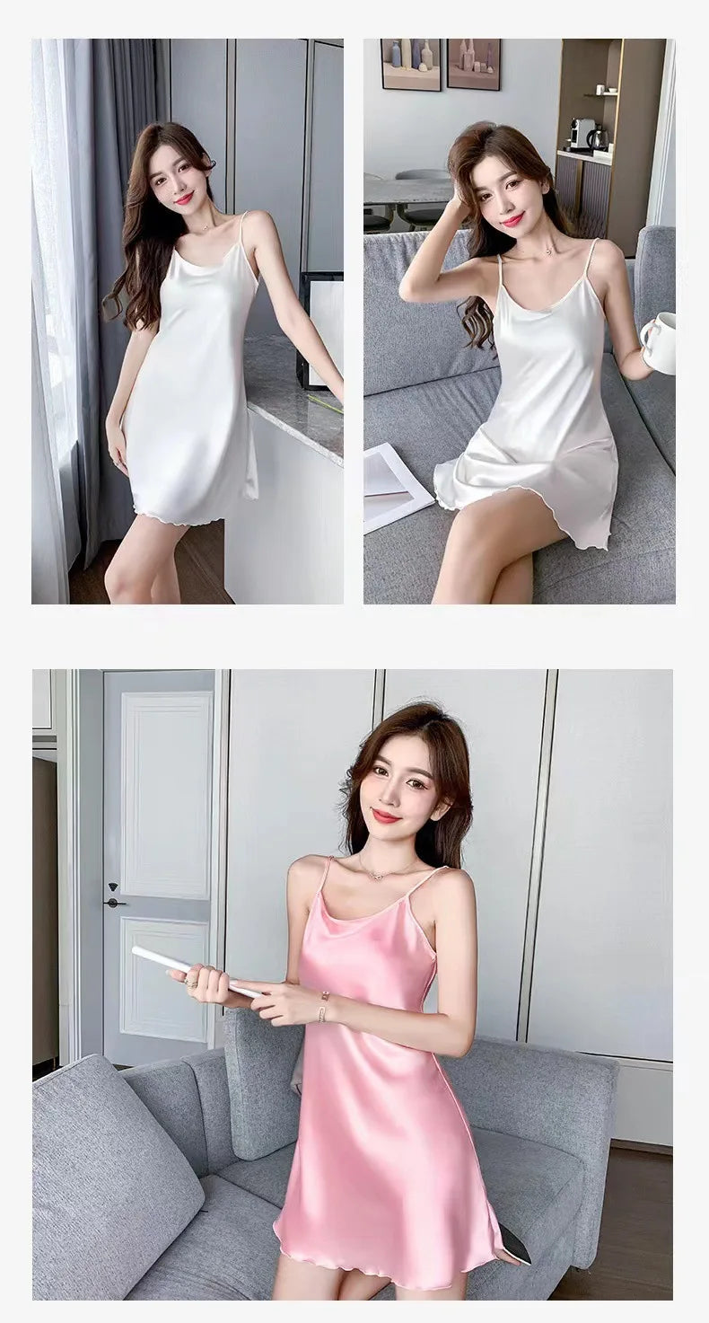 قمصان نوم حرير نسائية مثيرة، ملابس نوم صيفية، بيجامات، فستان بدون ظهر، ملابس نوم مريحة، ملابس نوم نسائية