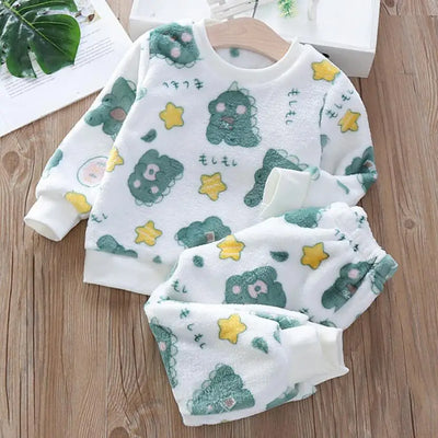 طقم بيجامات للأولاد من الصوف المرجاني بالإضافة إلى ملابس منزلية مخملية سميكة من الفلانيل للأطفال بدلة نوم شتوية دافئة مكونة من قطعتين بدلة بناتي