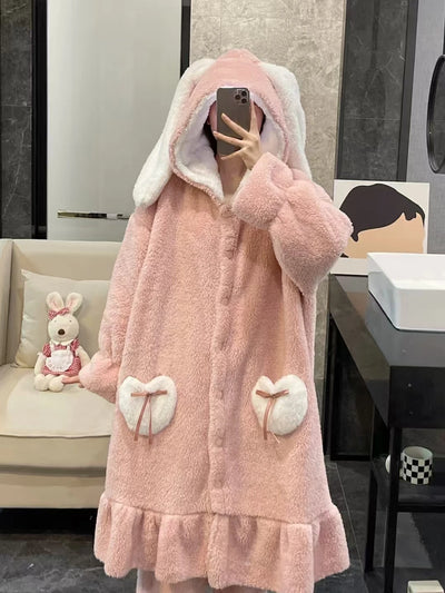 رداء بيجامات شتوي 2025 الأكثر مبيعًا، رداء نوم وردي طويل الأذن، ملابس منزلية مريحة وناعمة، رداء حمام، حفلة بيجامات
