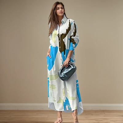 فستان طويل أنيق مثير بفتحة جانبية وياقة مطوية ومطبوع بأكمام طويلة وجيب وصدر واحد