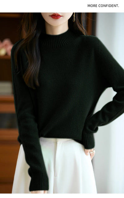 سترة نسائية أساسية للخريف والشتاء أنيقة سميكة من صوف ميرينو 100% محبوكة برقبة وهمية وملابس بأكمام طويلة