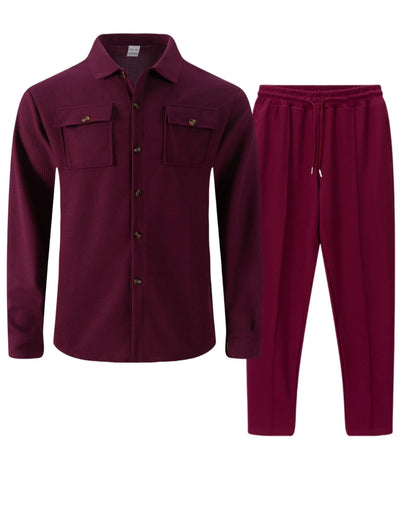 طقم قميص وبنطلون كارديجان بأكمام طويلة ولون سادة وجيبين وأزرار بتصميم خريفي جديد