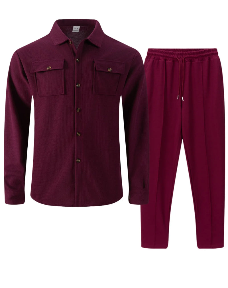 طقم قميص وبنطلون كارديجان بأكمام طويلة ولون سادة وجيبين وأزرار بتصميم خريفي جديد