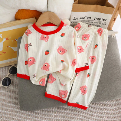 طقم بيجامات صيفي لطيف ومريح للأطفال بأكمام طويلة وملابس نوم قطنية وغرف مكيفة