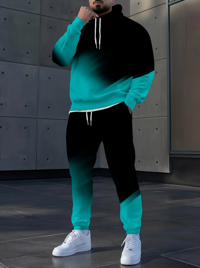 بدلة رياضية رجالية بغطاء للرأس مطبوعة ثلاثية الأبعاد بألوان متدرجة للخريف، بنطال رياضي كاجوال عصري، طقم رياضي مكون من قطعتين، ملابس رجالية