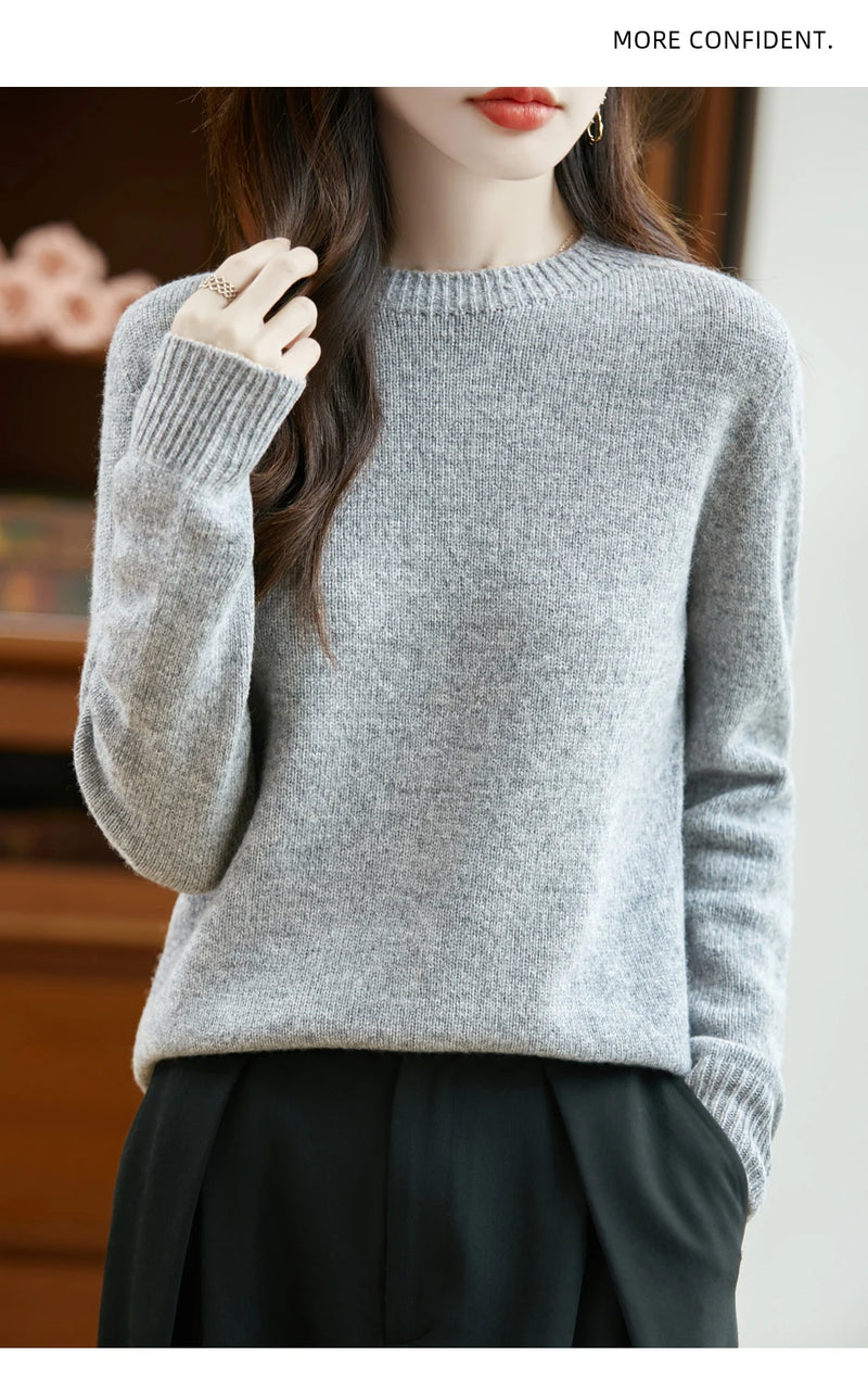 سترة نسائية أساسية للخريف والشتاء أنيقة من صوف ميرينو 100% محبوكة برقبة دائرية وأكمام طويلة وقماش جيرسي للسيدات