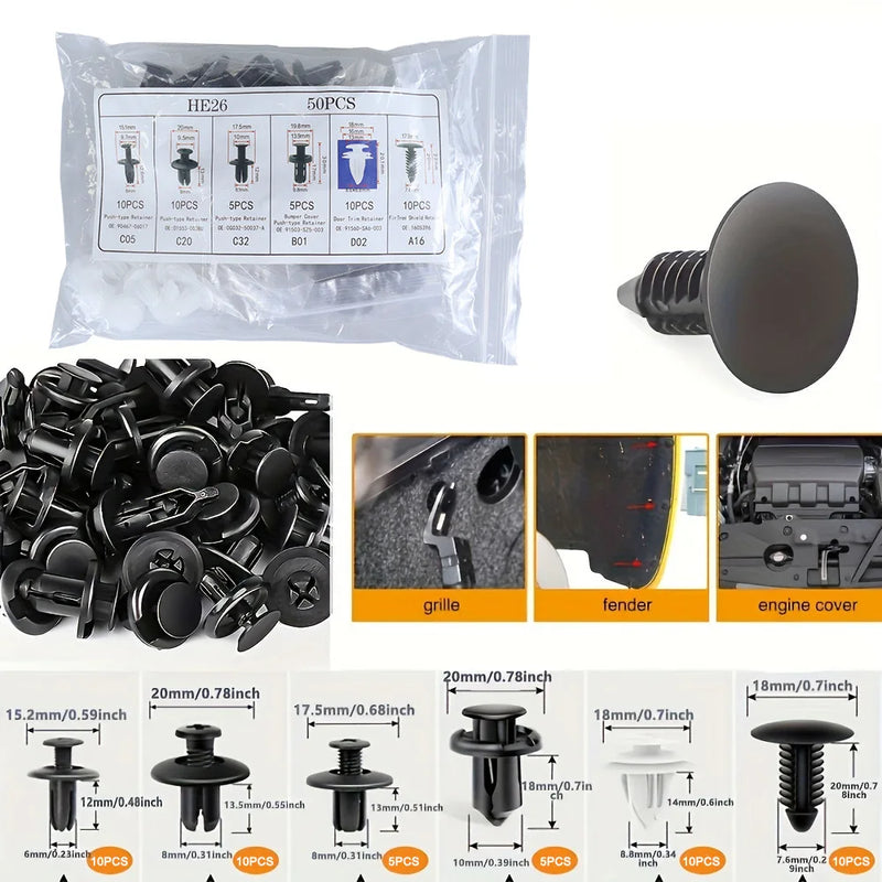 مشبك تثبيت تلقائي لهيكل السيارة المختلط ودبوس تثبيت الدفع ودبوس البرشام ودبوس المصد ولوحة زخرفة الباب ومجموعة مثبتات السيارة في صندوق أو كيس للتعبئة