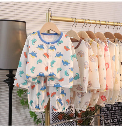 ملابس نوم جديدة للأطفال برسومات كرتونية لطيفة، قطعتين، بيجامات منزلية رقيقة للربيع والصيف للأولاد والبنات، ملابس مكيفة