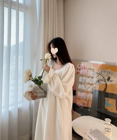 قميص نوم شتوي بأكمام طويلة من الفلانيل للنساء، ملابس نوم فضفاضة سادة، ملابس نوم سميكة ودافئة، ملابس نوم منزلية مريحة