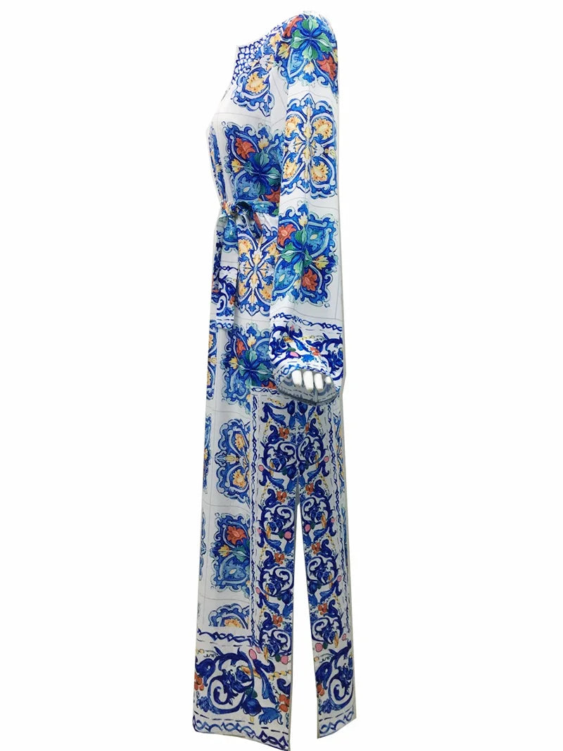 فستان سهرة بوهيمي للشاطئ، مطبوع باللونين الأزرق والأبيض، مناسب للعطلات الصيفية، بأكمام طويلة، مناسب لحفلات التخرج، فستان صيفي بوهيمي، مناسب للسباحة في الشمس