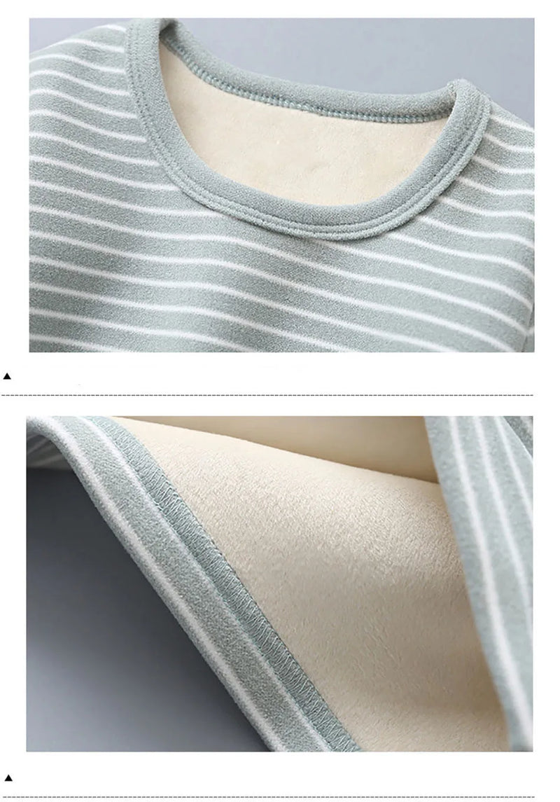 طقم بيجامات مخطط مبطن بالقطيفة للأطفال، مصمم للخريف والشتاء، مناسب للارتداء اليومي والنوم للأطفال