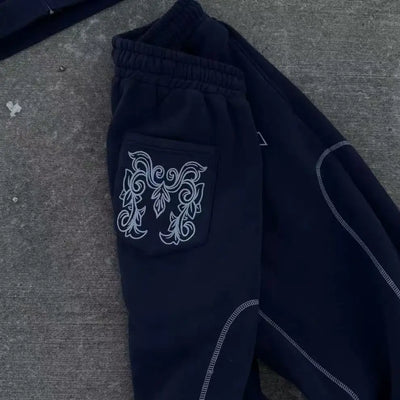 طقم سويت شيرت بقلنسوة وبنطال رياضي كاجوال بسحاب من أمريكا Y2K مكون من قطعتين، سويت شيرت هيب هوب مطرز كبير الحجم للرجال والنساء، بنطلون كاجوال