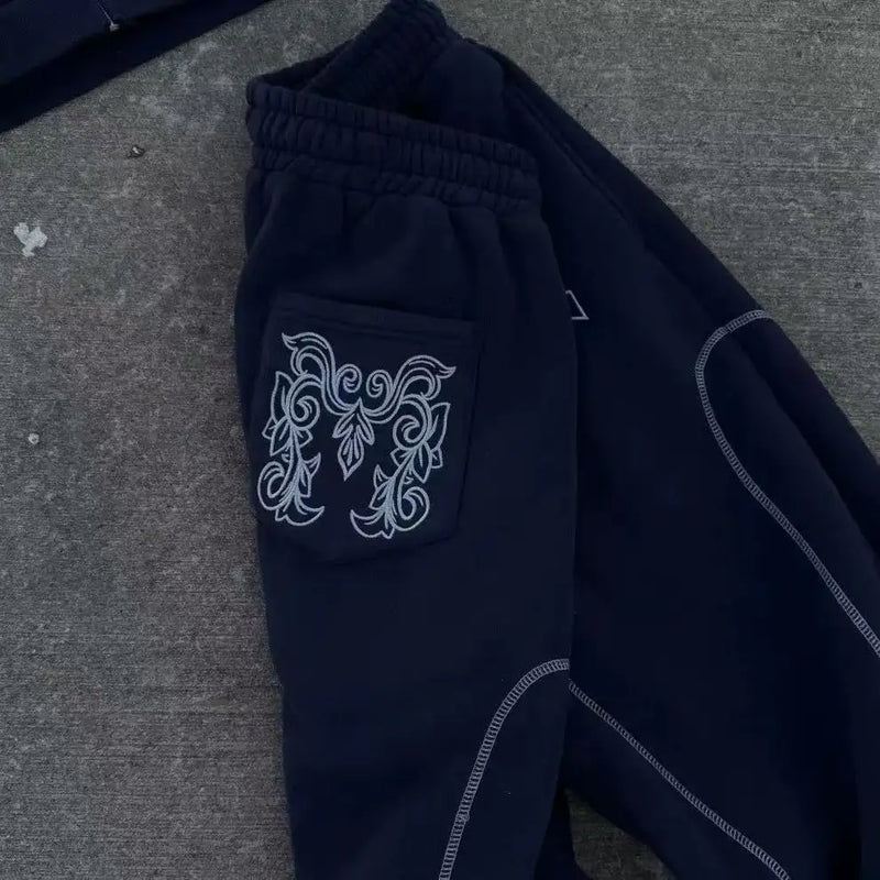 طقم سويت شيرت بقلنسوة وبنطال رياضي كاجوال بسحاب من أمريكا Y2K مكون من قطعتين، سويت شيرت هيب هوب مطرز كبير الحجم للرجال والنساء، بنطلون كاجوال