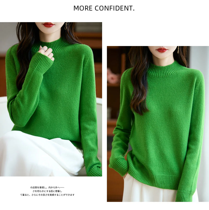 سترة نسائية أساسية للخريف والشتاء أنيقة سميكة من صوف ميرينو 100% محبوكة برقبة وهمية وملابس بأكمام طويلة